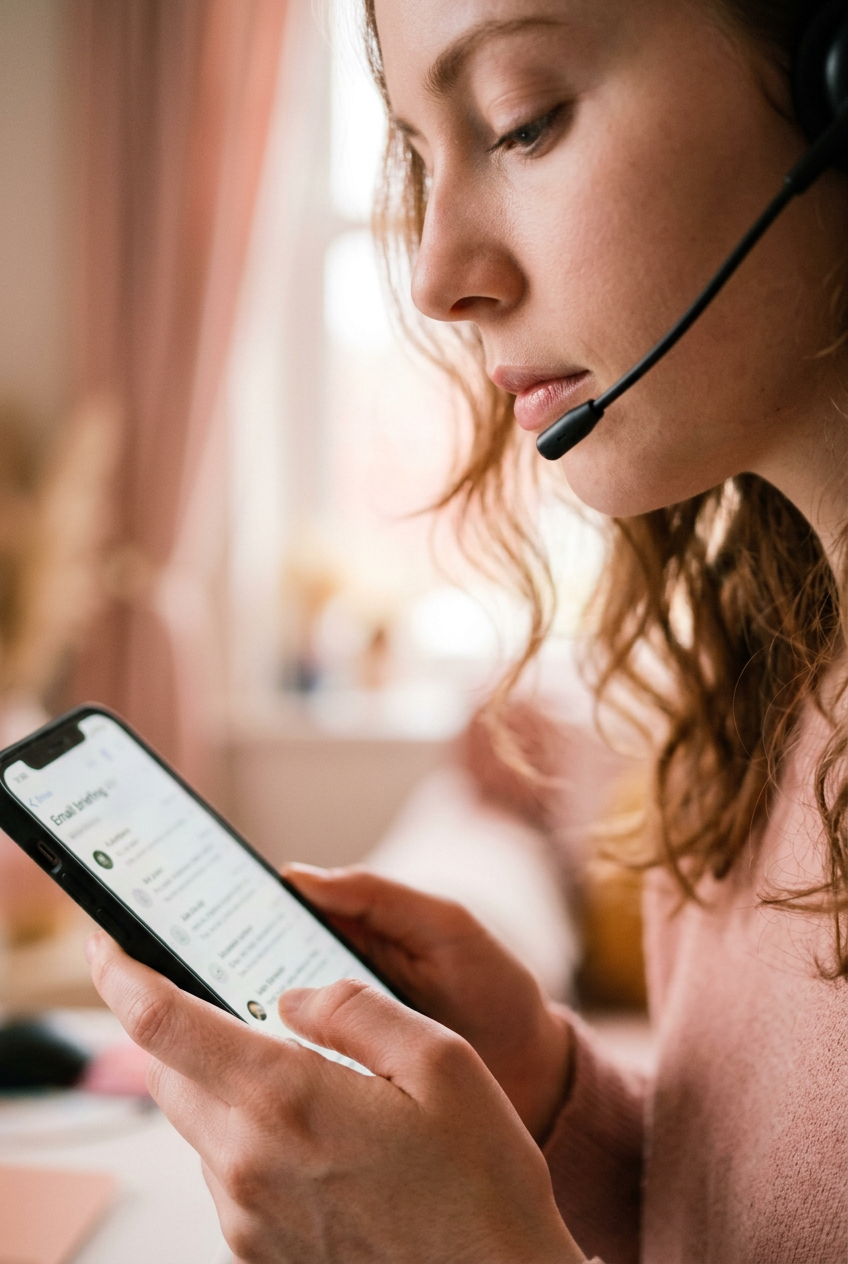 A woman in a headset reading an email briefing on her phone