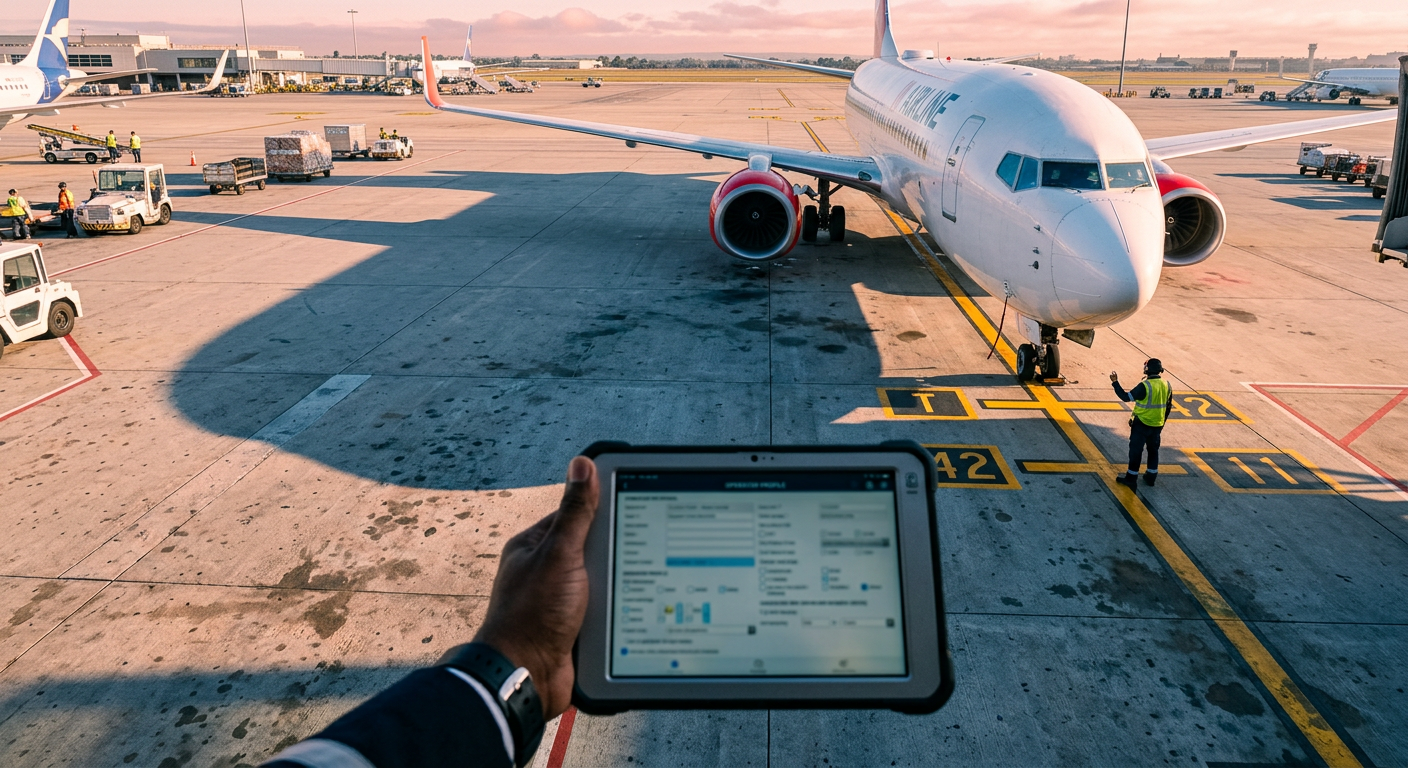 A hand holding a tablet showing an operator profile form, with an airliner on the apron behind it